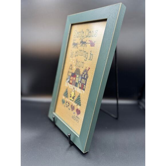 Framed VTG Primitive Style Christmas Cross Stitch, Set of 3